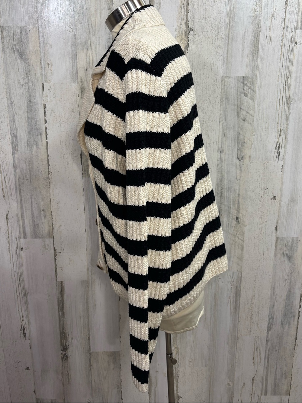 Maeve by Anthropologie Greta Black & Cream Striped Ribbed Button Polo Cardigan - Picture 8 of 14